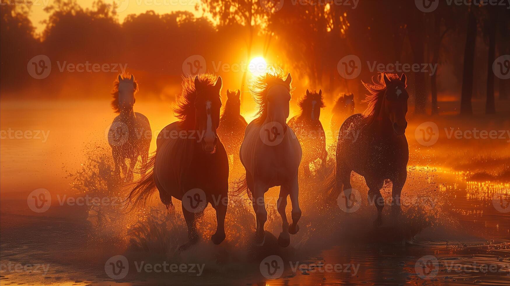 Wild Horses Running at Sunrise Through Misty Water photo