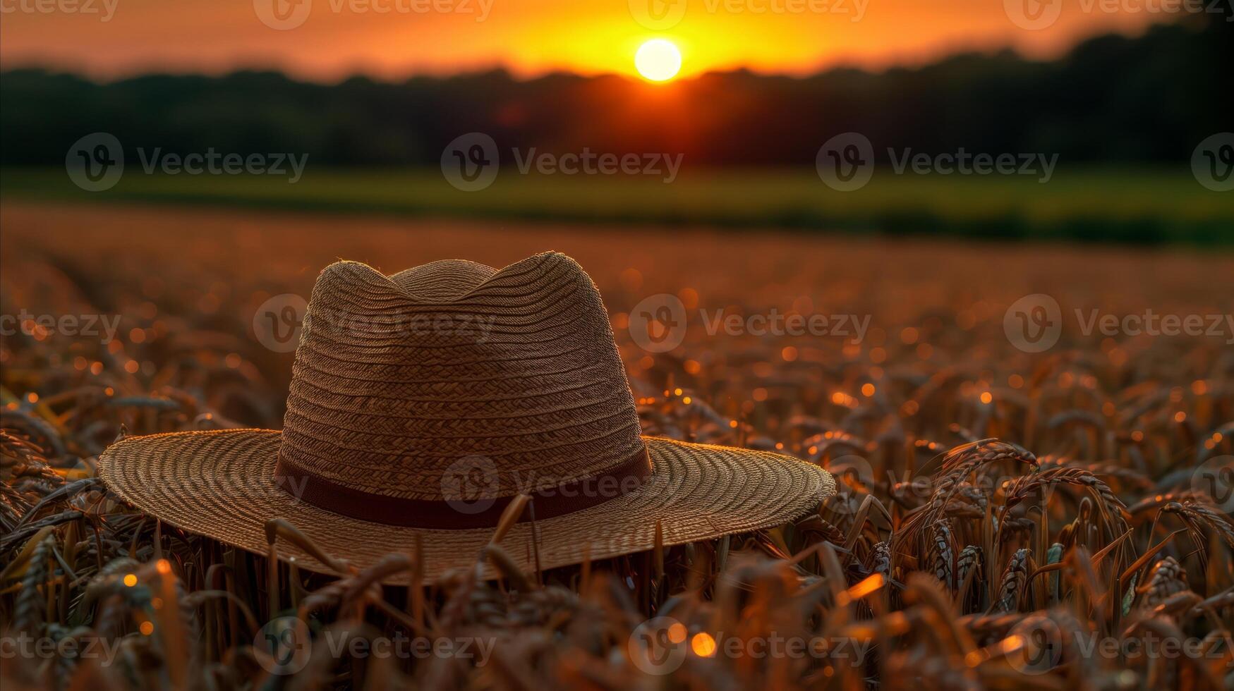 Straw Hat Resting in Wheat Field at Sunset photo