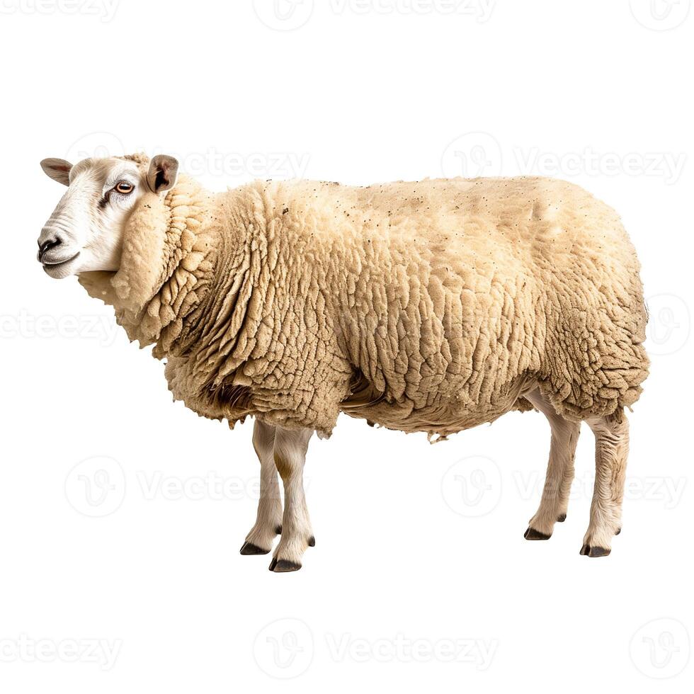 A sheep is standing, showcasing its woolly coat with a transparent backdrop. photo