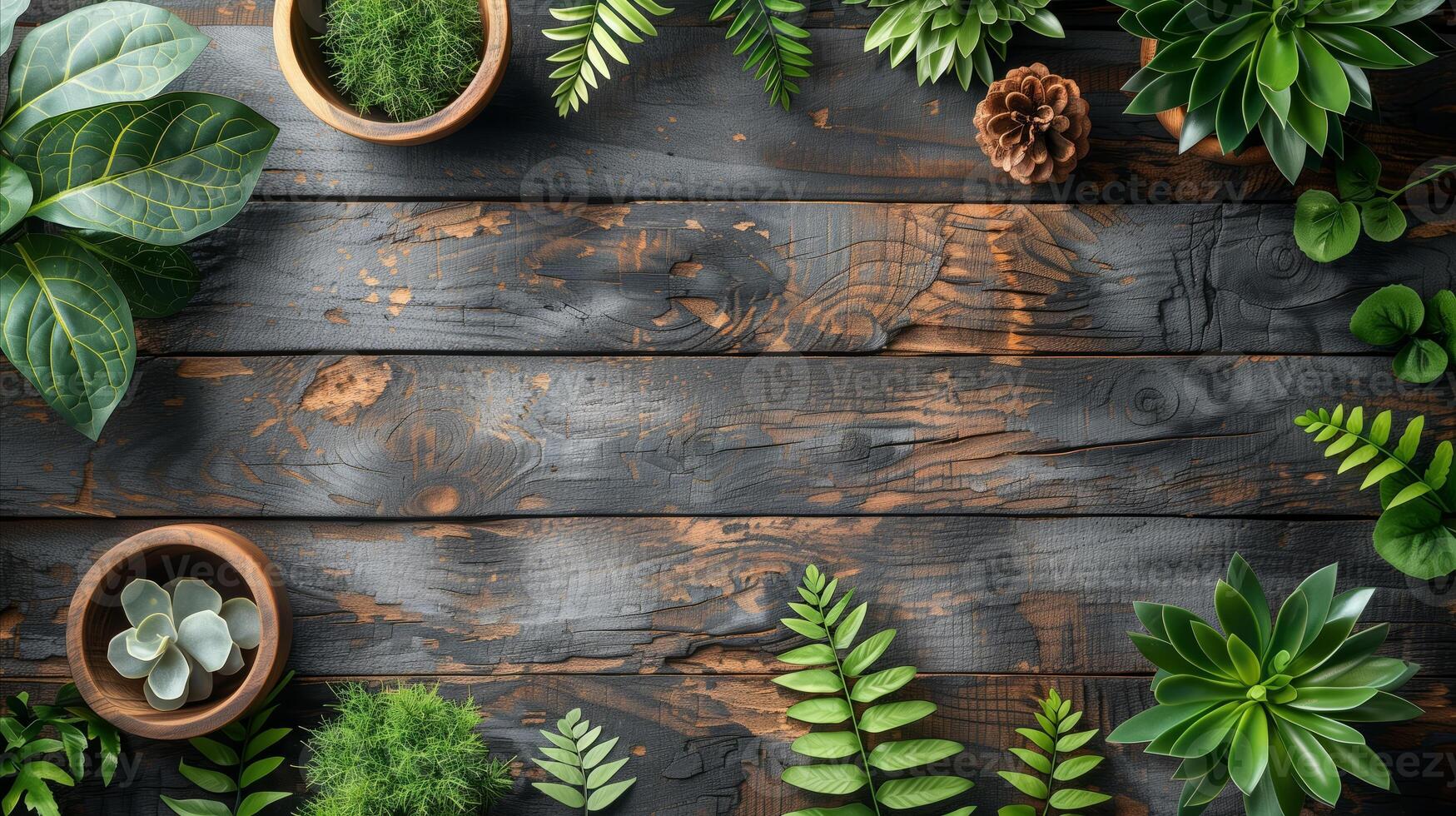 Rustic Wooden Table Adorned With Variety of Lush Green Plants photo