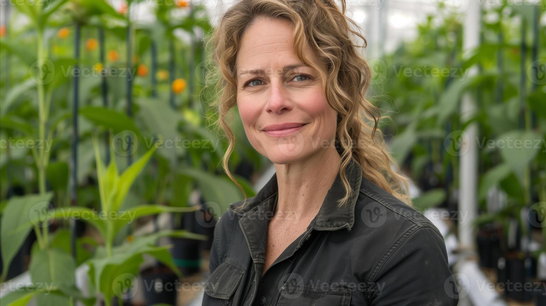 Female Scientist Smiling in Greenhouse Research Facility photo