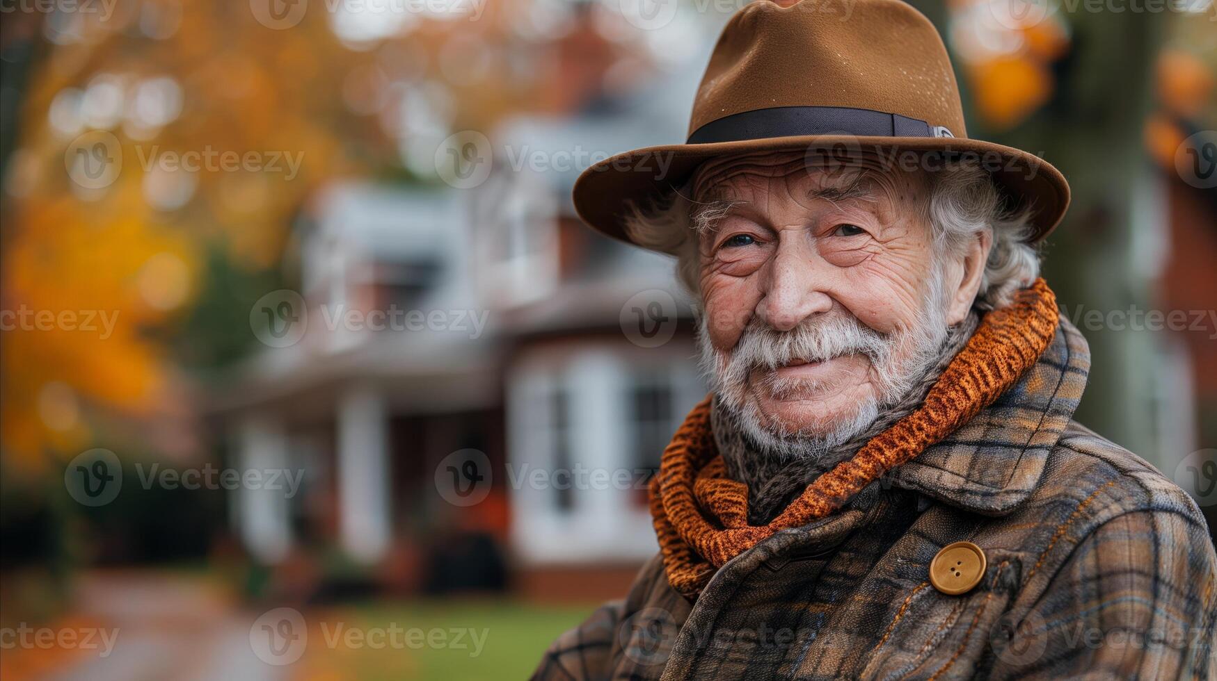 Smiling Elderly Man Wearing Hat and Scarf in Autumn photo