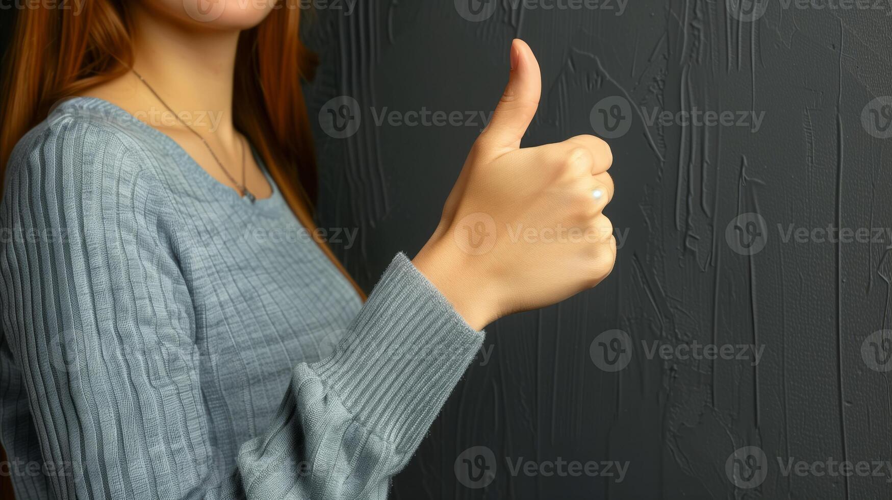 Woman Giving a Thumbs Up Against a Dark Textured Wall photo