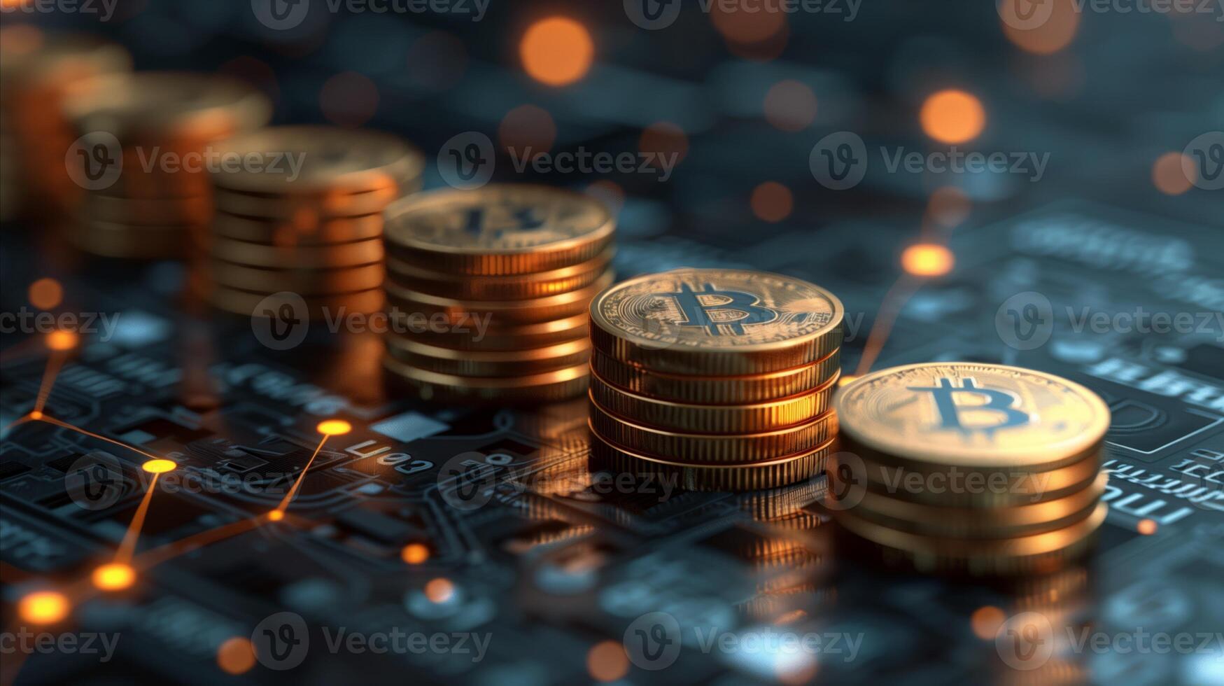 Stacks of Bitcoin Coins on a Circuit Board Background photo