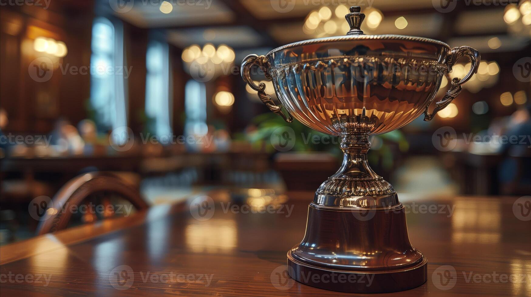 elegante trofeo desplegado en de madera mesa en poco iluminado habitación foto