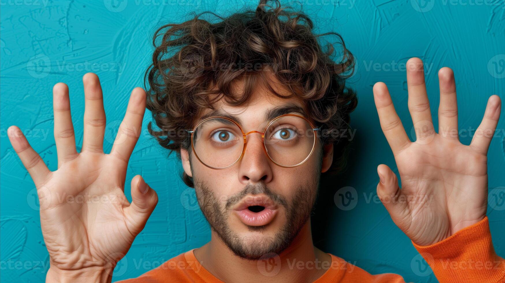 Surprised Young Man With Hands Up Against Blue Background photo