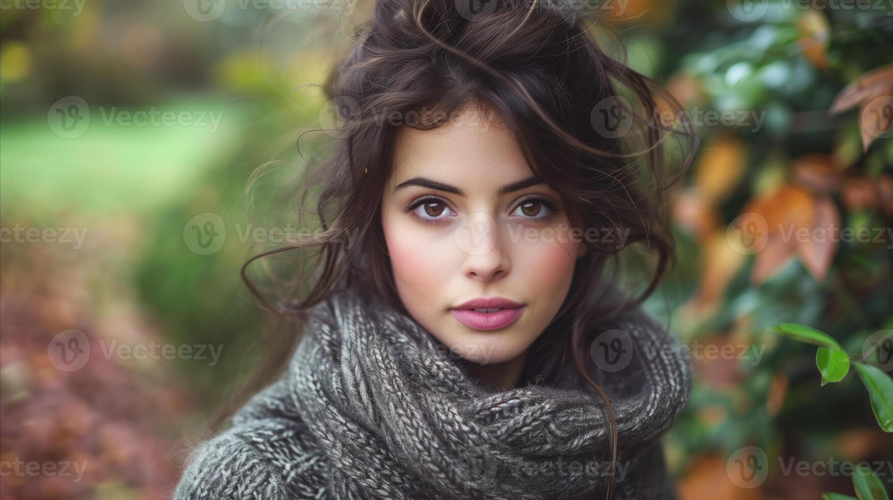 Autumn Portrait of a Young Woman in a Cozy Scarf photo