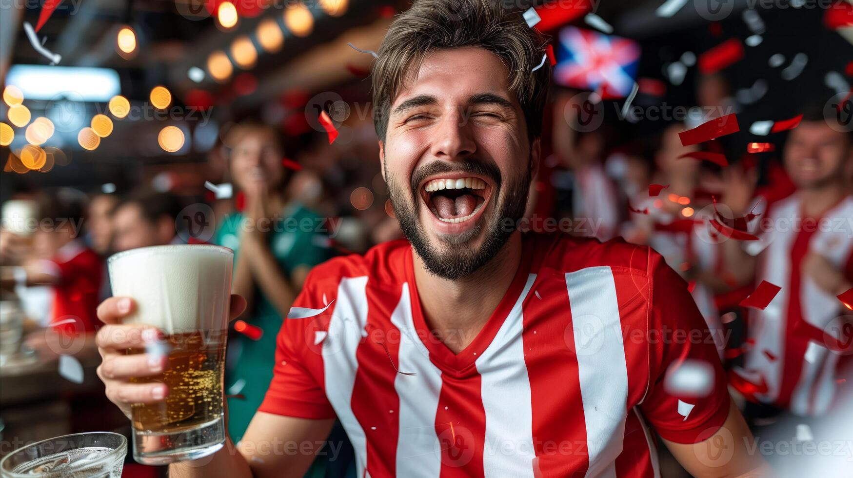 Ecstatic Fan Celebrates Victory at Sports Bar During Daytime photo