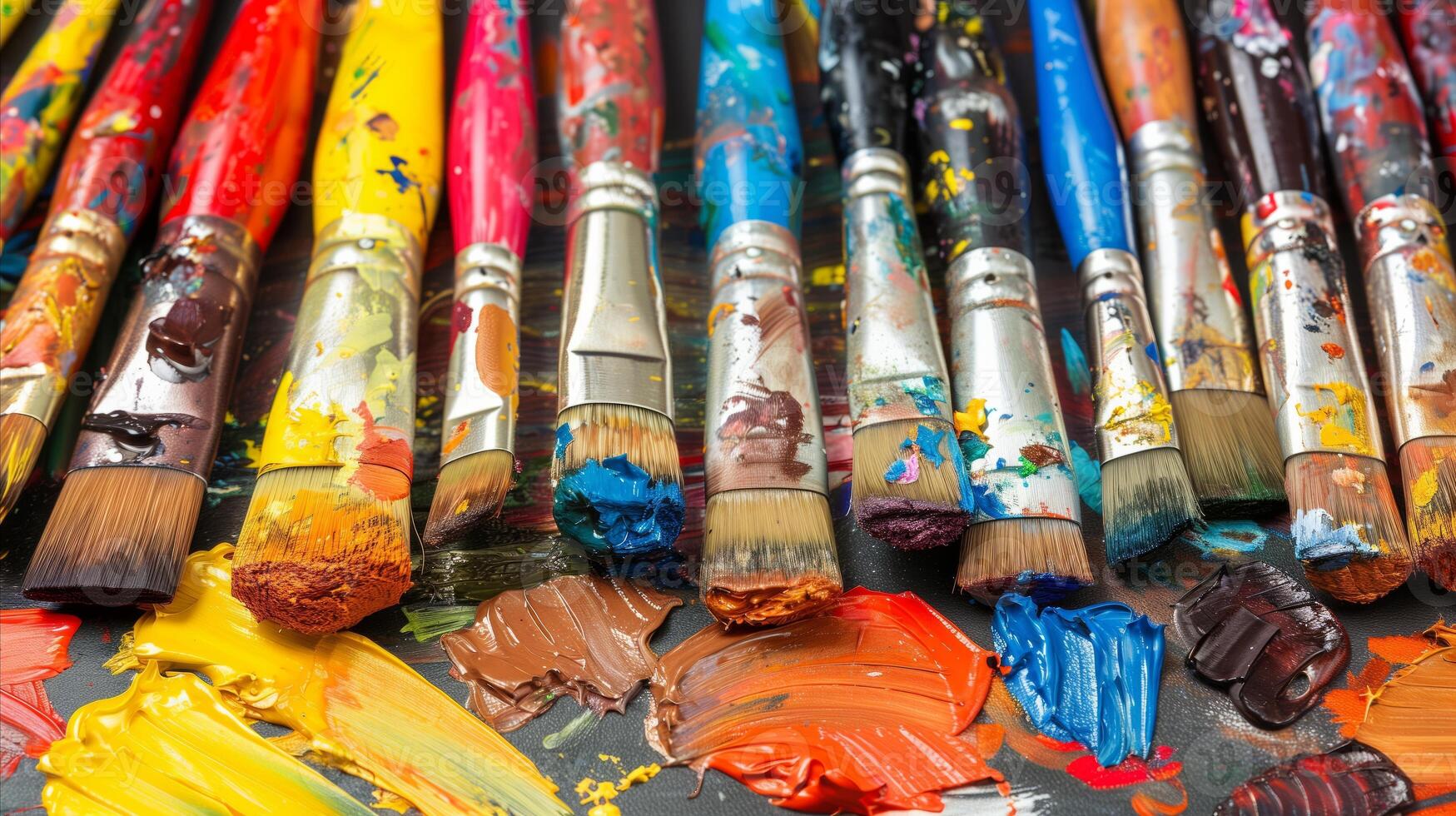 Colorful Paintbrushes on a Vibrant Artists Palette photo