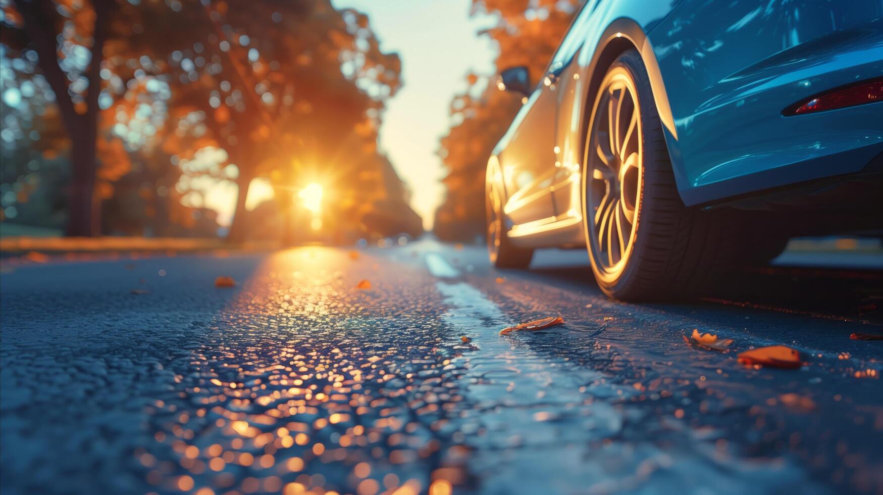 Sunset Drive Along a Tree-Lined Road photo