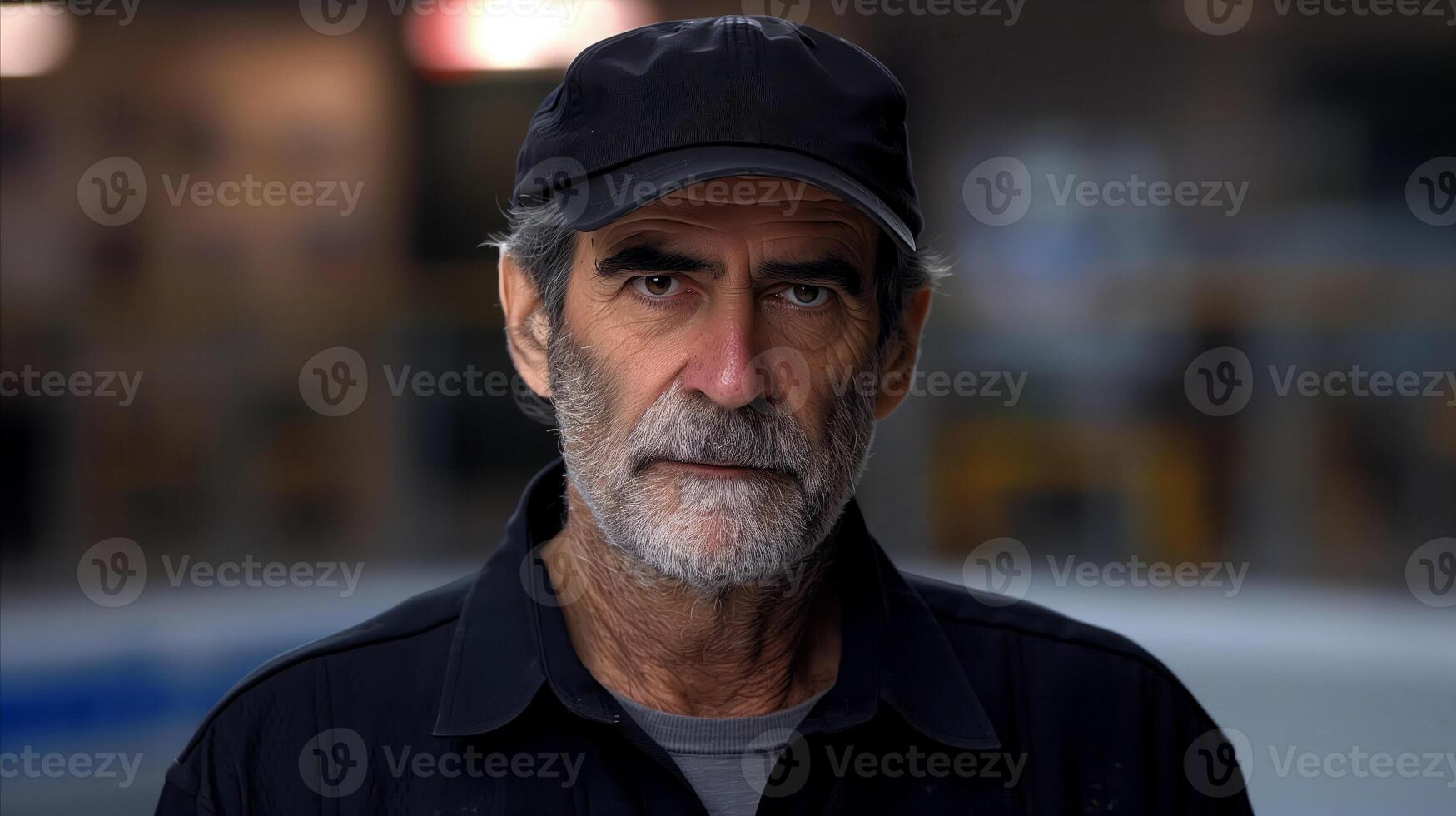 Portrait of a Senior Man Wearing a Black Cap Outdoors at Twilight photo