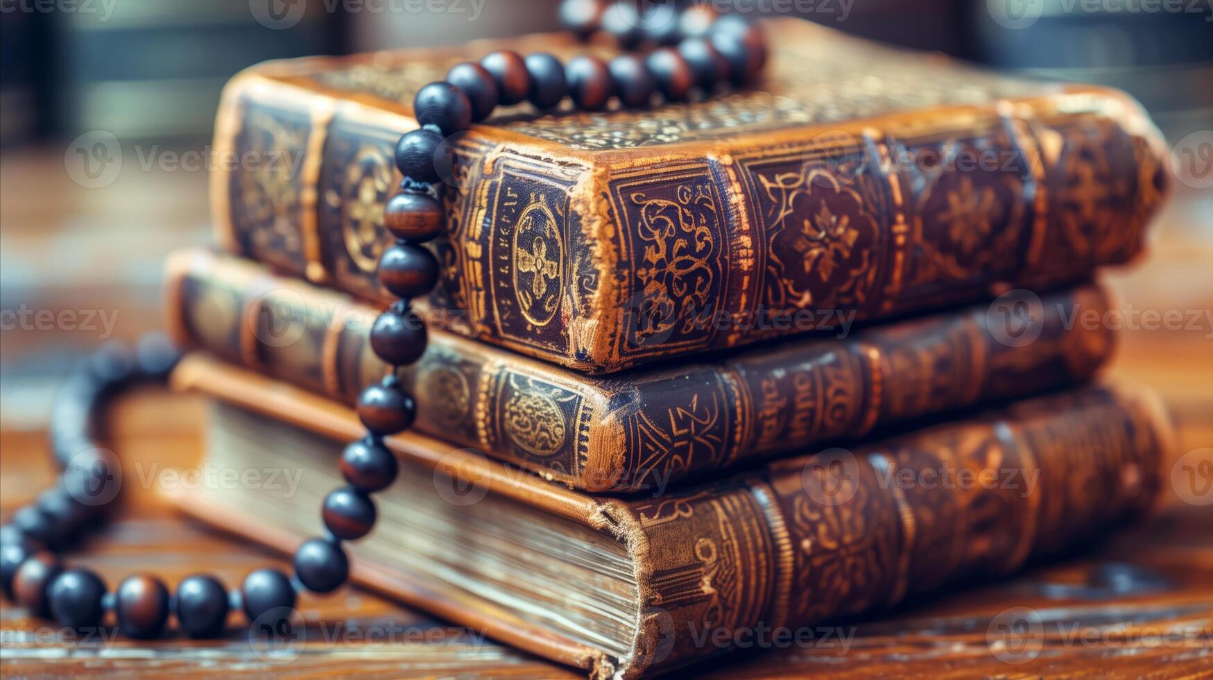 Vintage Leather-Bound Books With Beaded Necklace photo