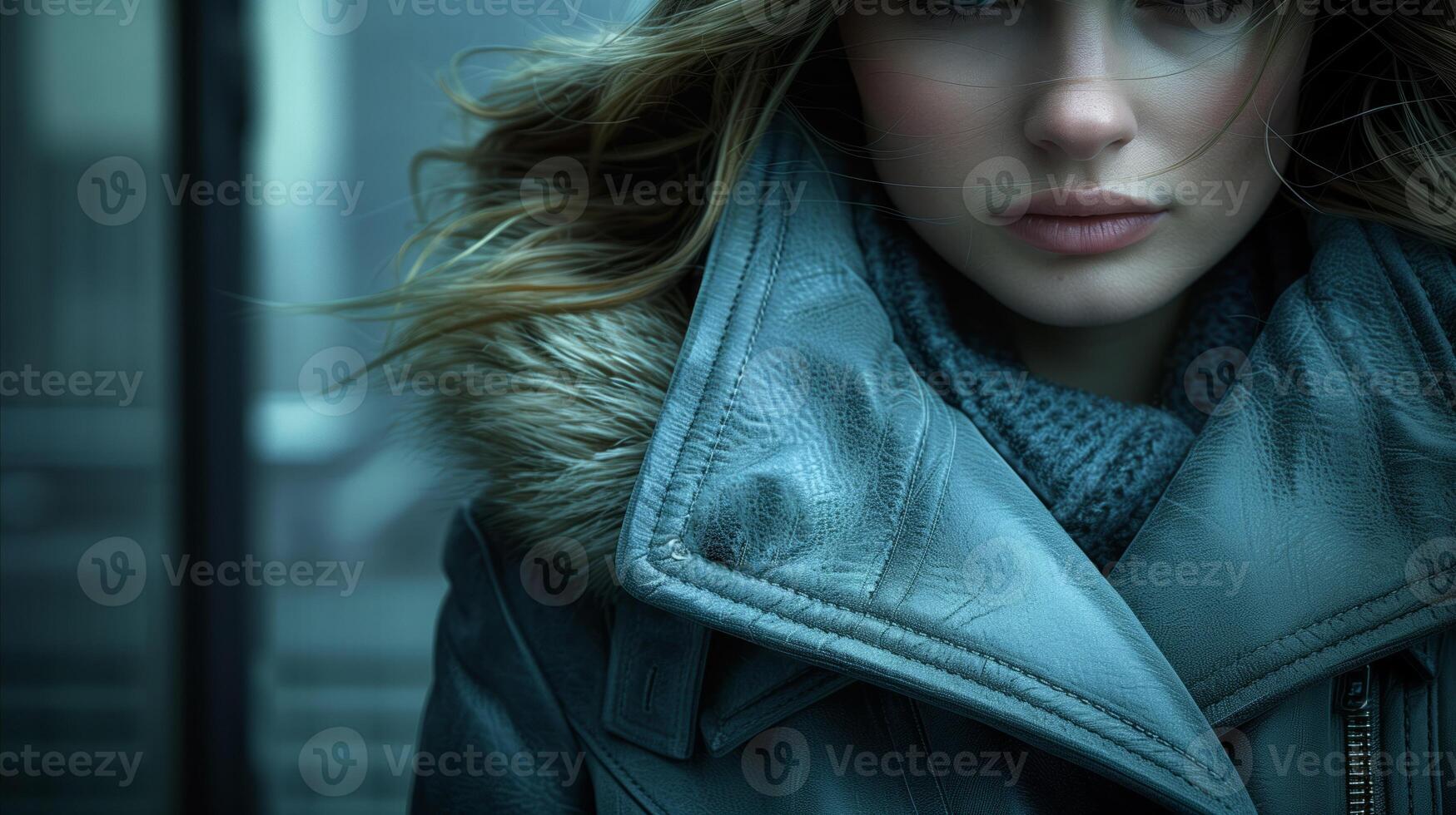 Portrait of a Woman in a Leather Jacket on a Cloudy Day photo