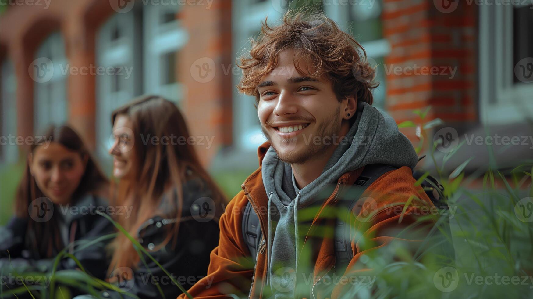 Smiling Young Man With Friends Outside Campus Building During Fall photo