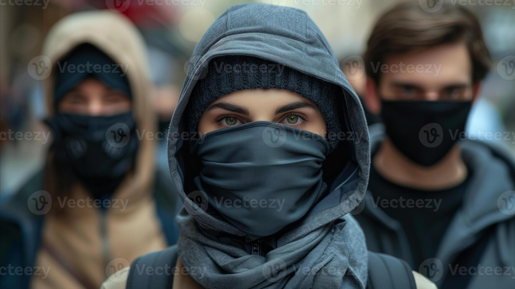 Hooded Individuals Wearing Masks on a Busy Street photo