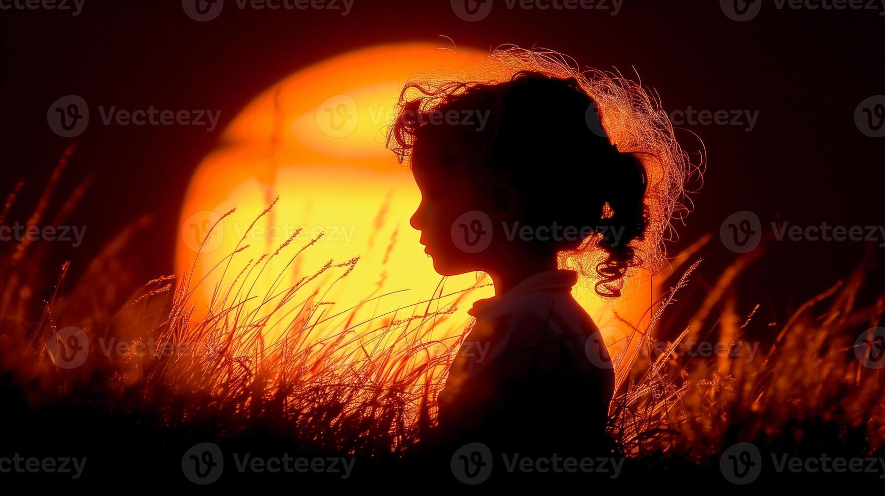 silueta de un niño a puesta de sol en un campo foto