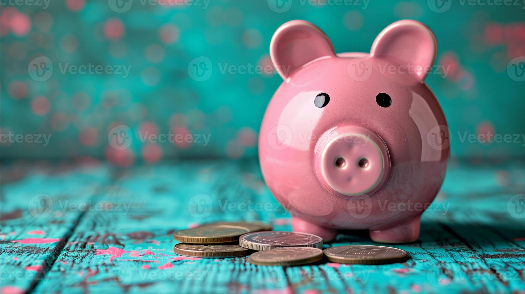 Pink Piggy Bank on a Turquoise Wooden Surface photo