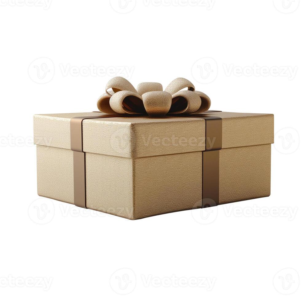 Gold Textured Gift Box With Satin Bow on Transparent Background photo