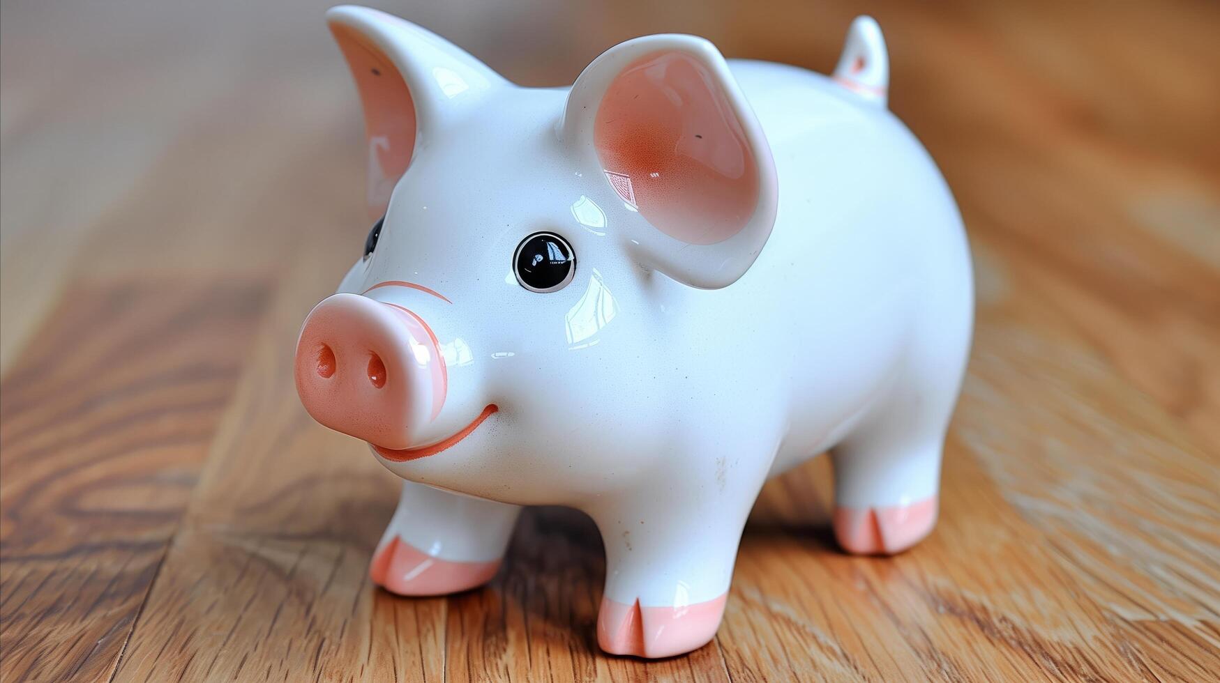 Smiling Ceramic Piggy Bank on Wooden Surface photo