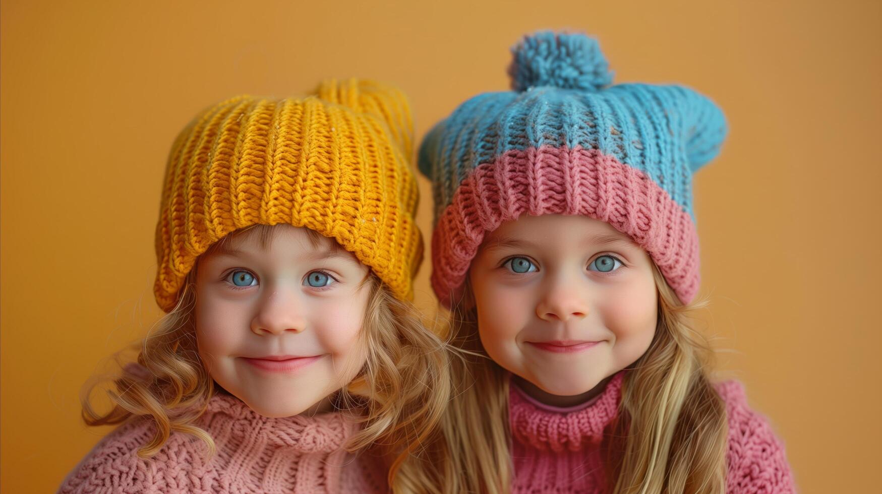 Smiling Siblings in Colorful Knit Hats Against Orange Background photo