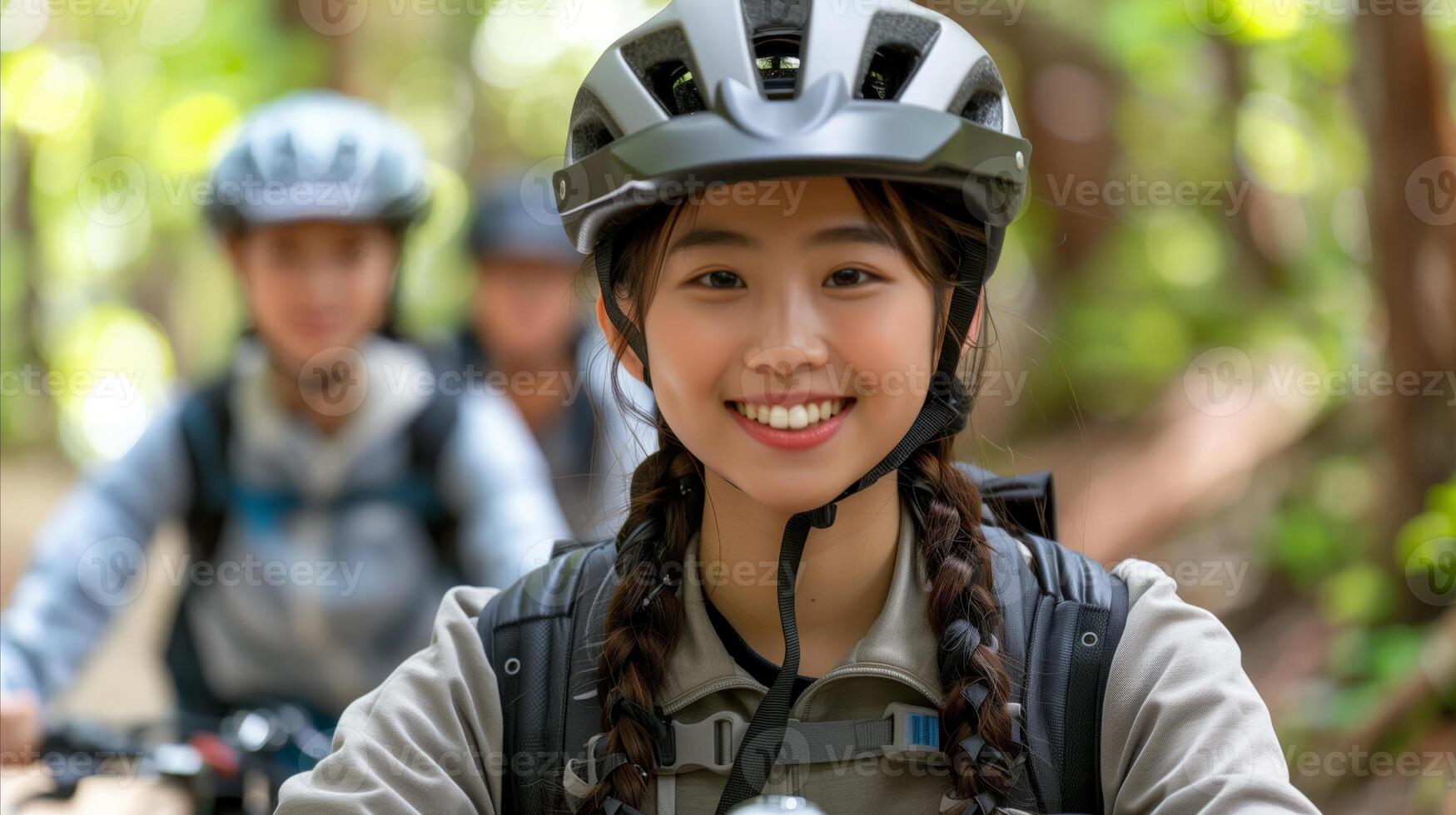 Smiling Female Cyclist Leading a Mountain Bike Trail Ride photo