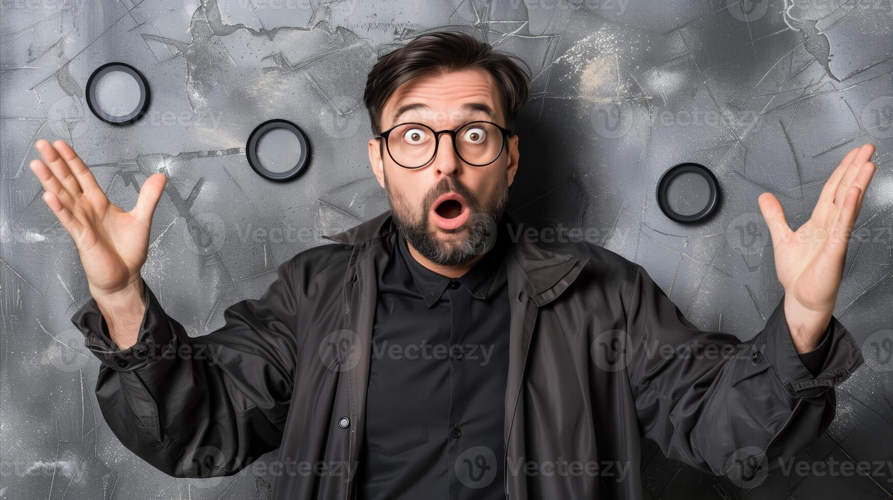 Surprised Man With Raised Hands Against Textured Gray Background photo