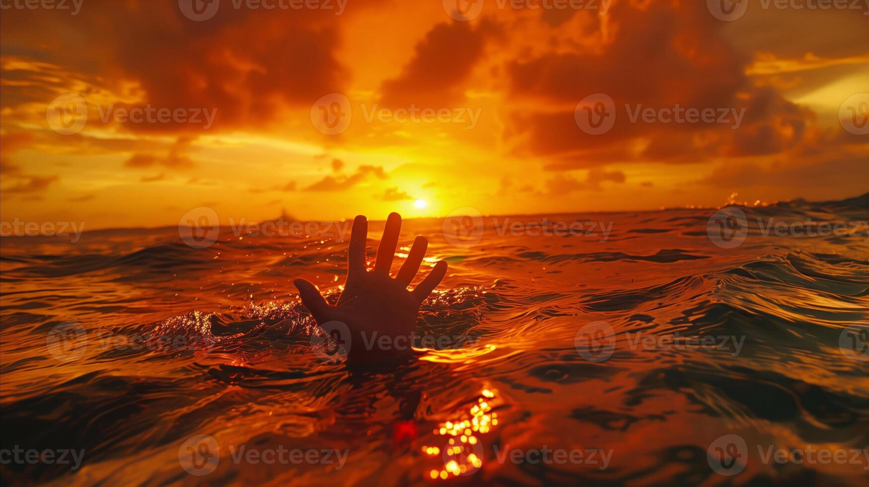 The image of the hand reaching out in the water during sunset indicates drowning and the need for help. photo
