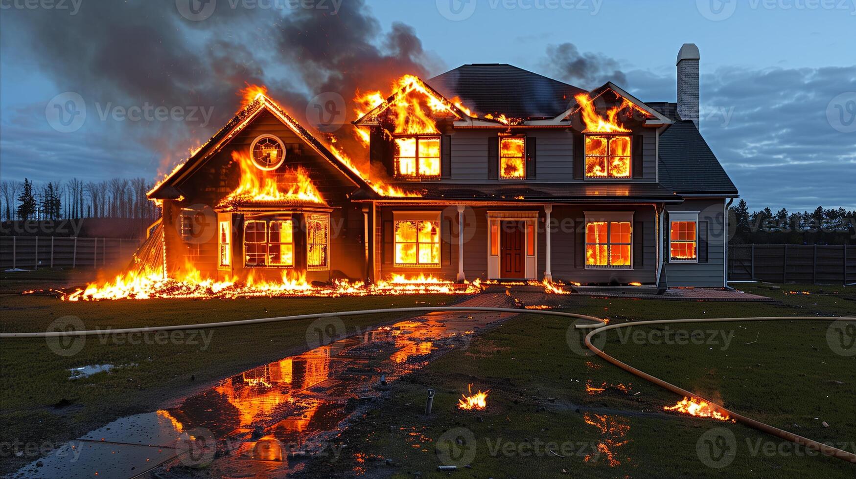 Suburban House Engulfed in Flames at Dusk photo