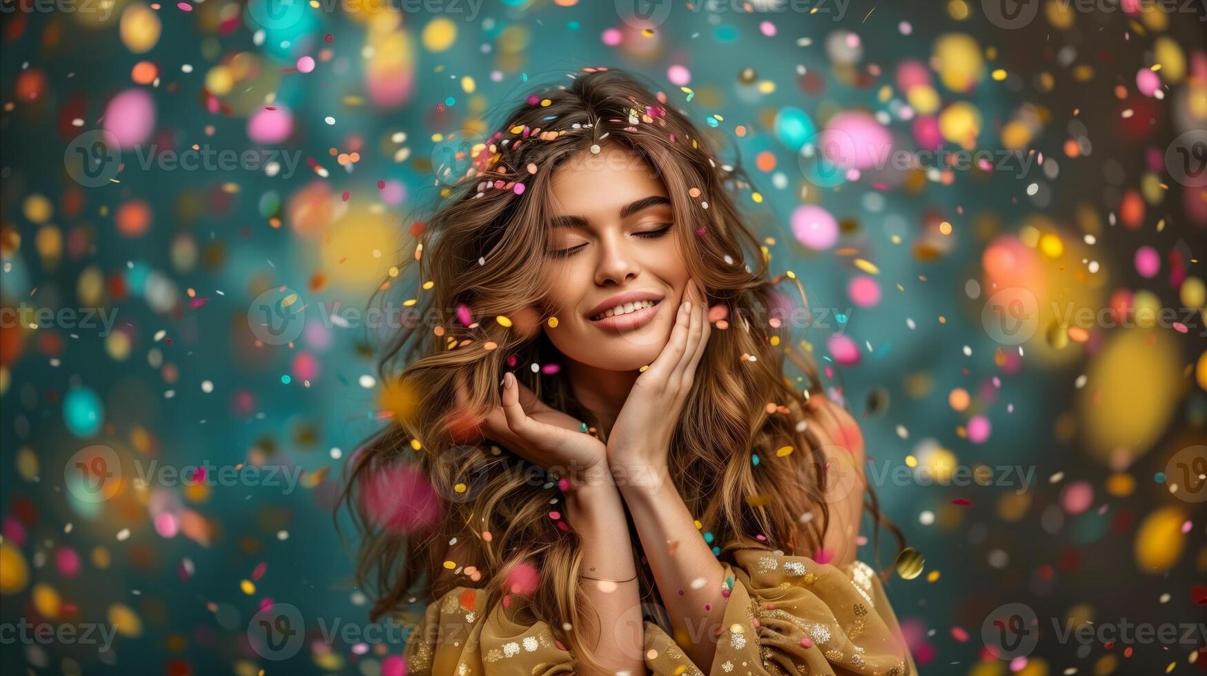 Radiant Woman Celebrating With Confetti on Festive Background photo
