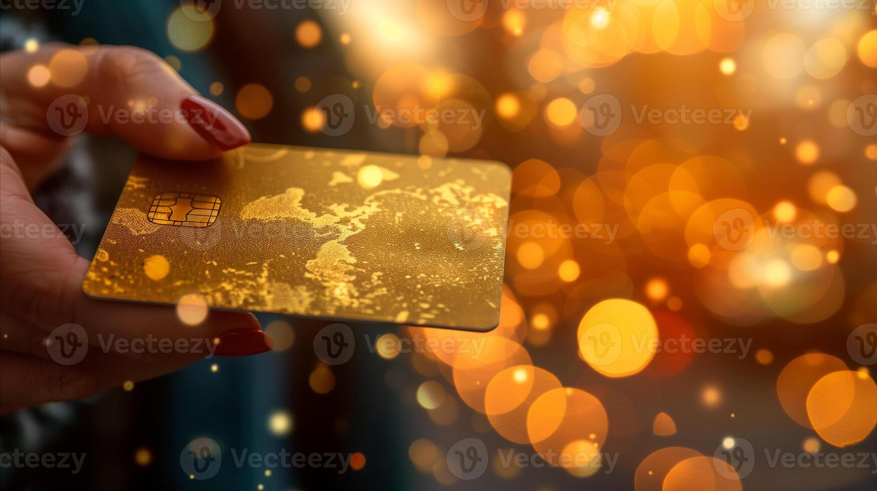 Hand Holding a Golden Credit Card Against Bokeh Lights Background photo