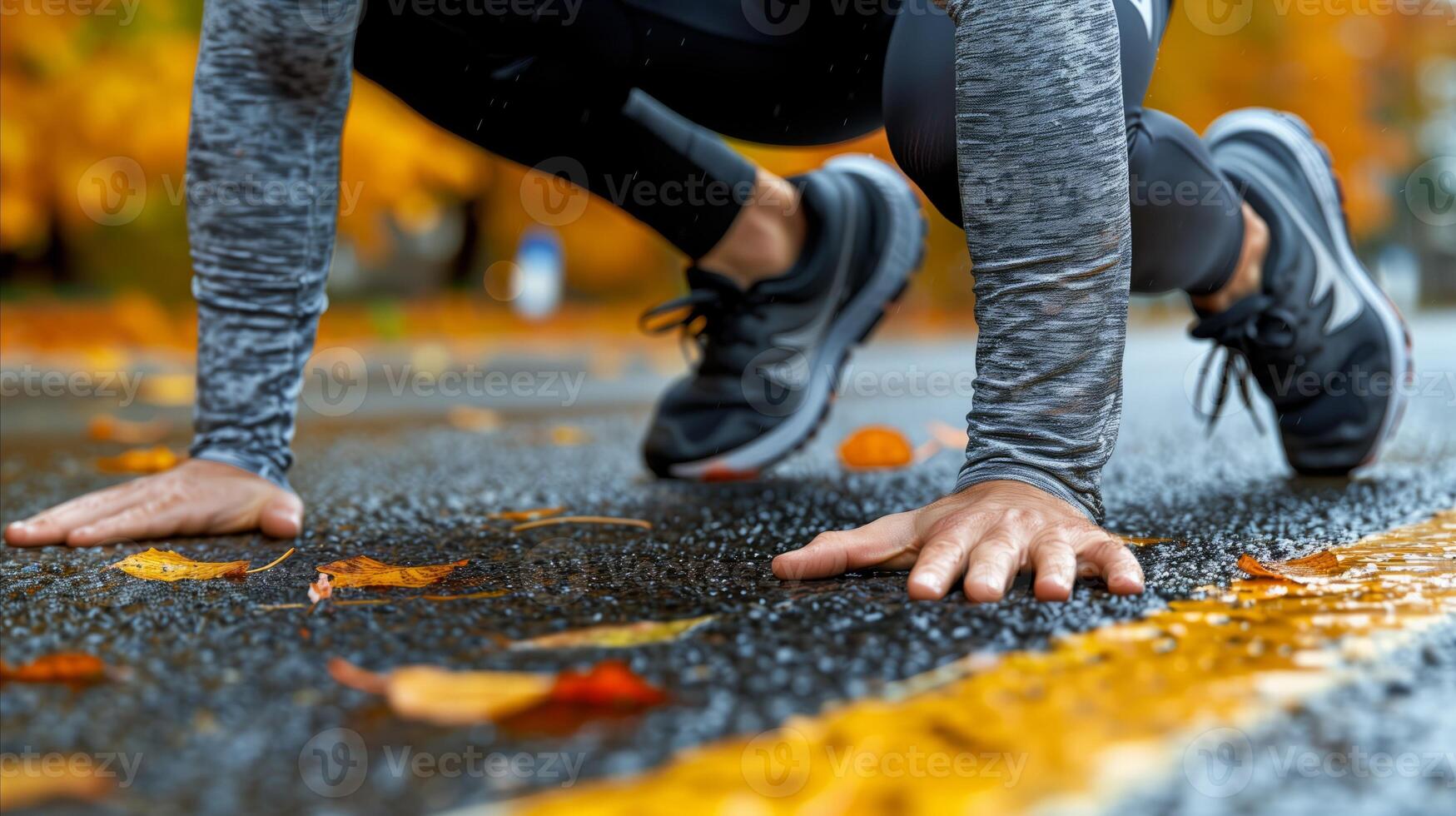 Runner in Starting Position on Autumn Road photo