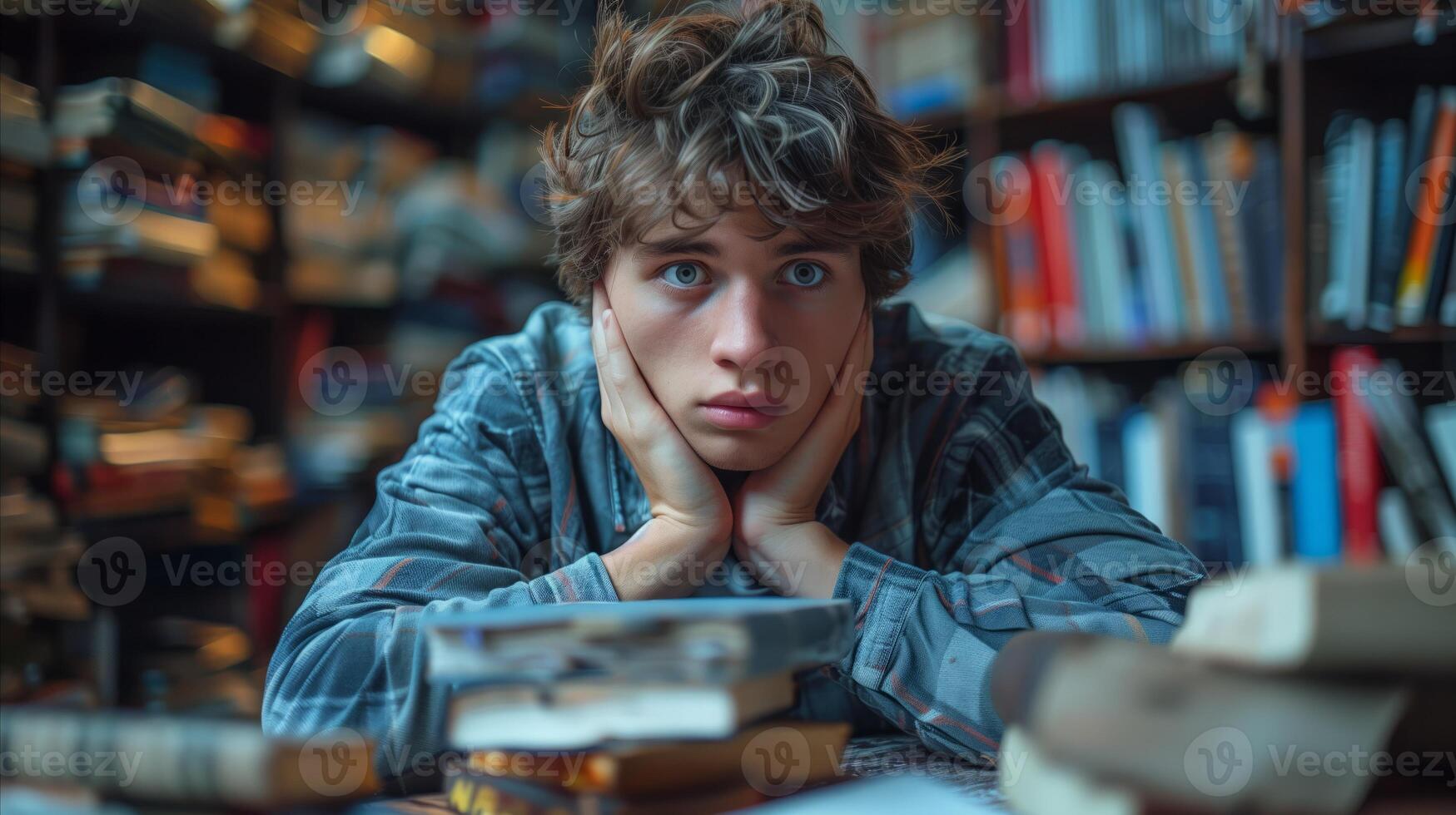 Pensive Young Man in a Bookstore Surrounded by Stacks of Books photo
