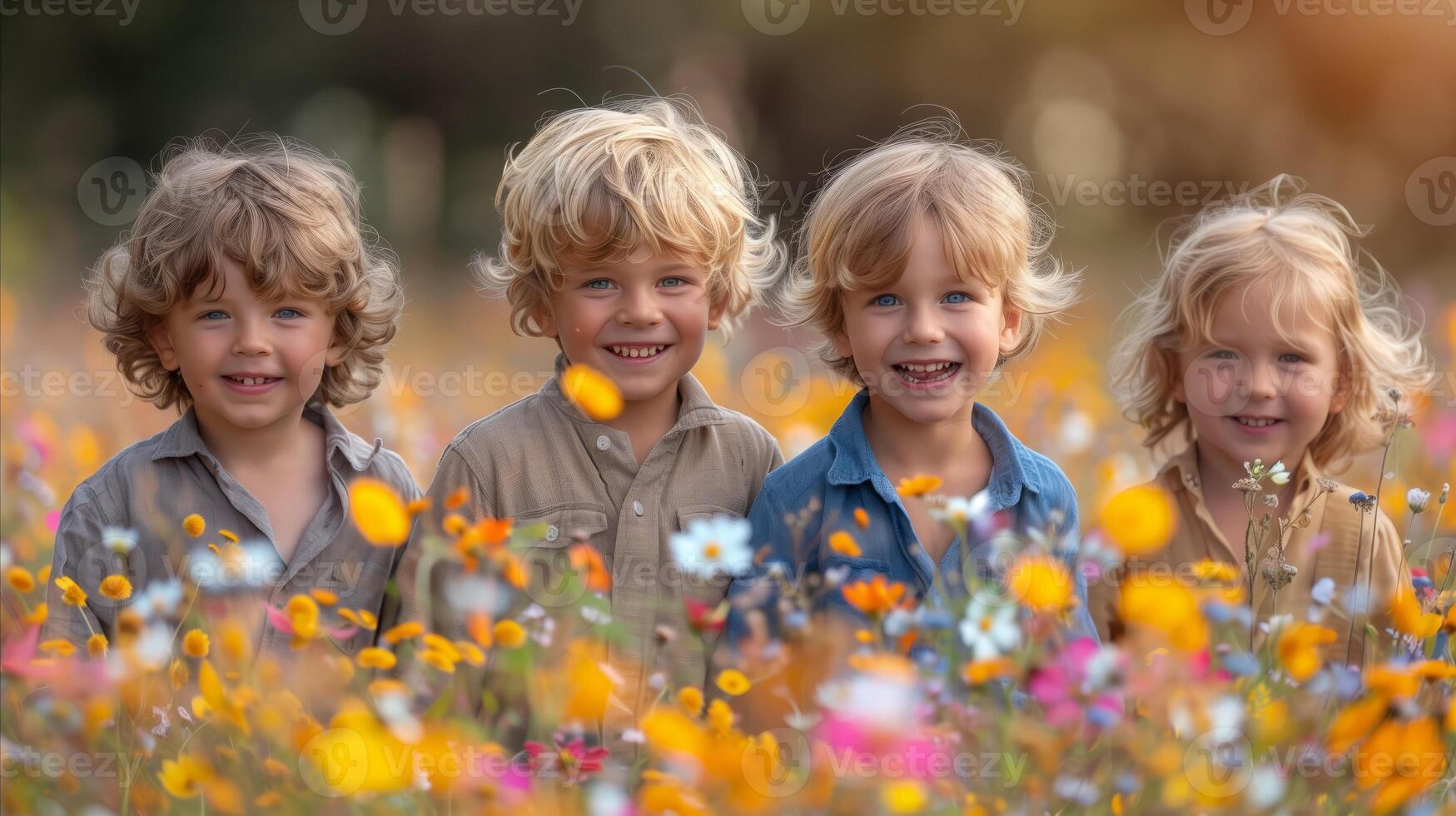 Four Happy Children Enjoying a Sunny Day in a Flower Field photo