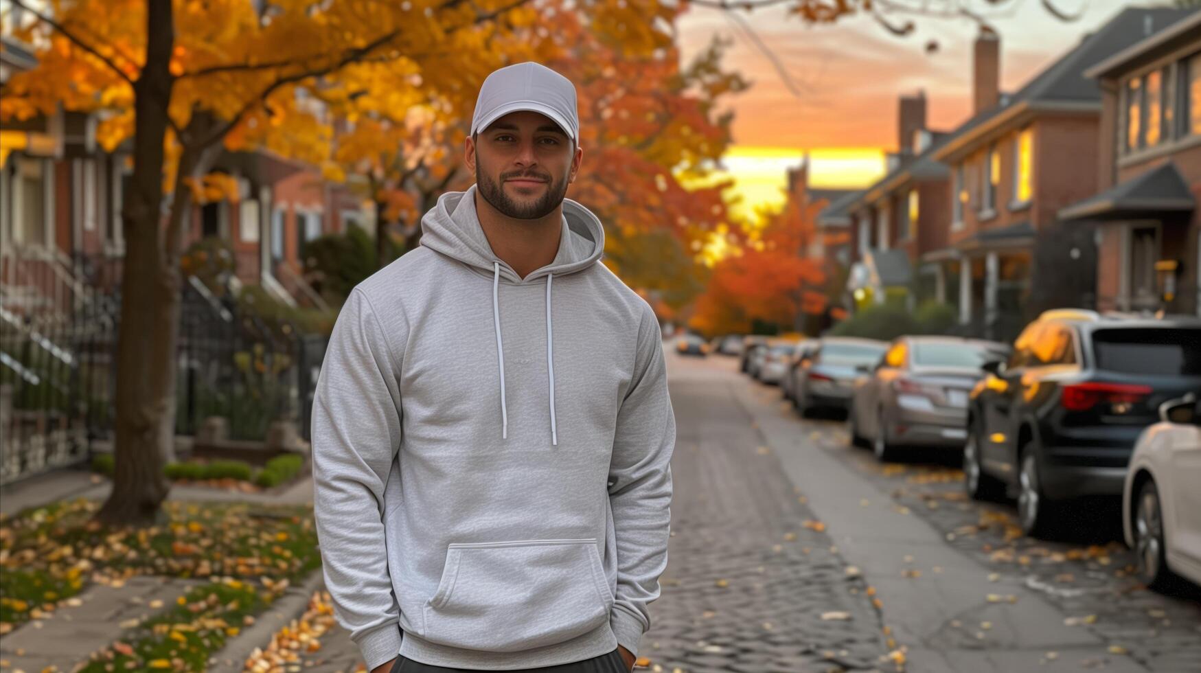 Man in Gray Hoodie Standing on a Suburban Street at Sunset photo