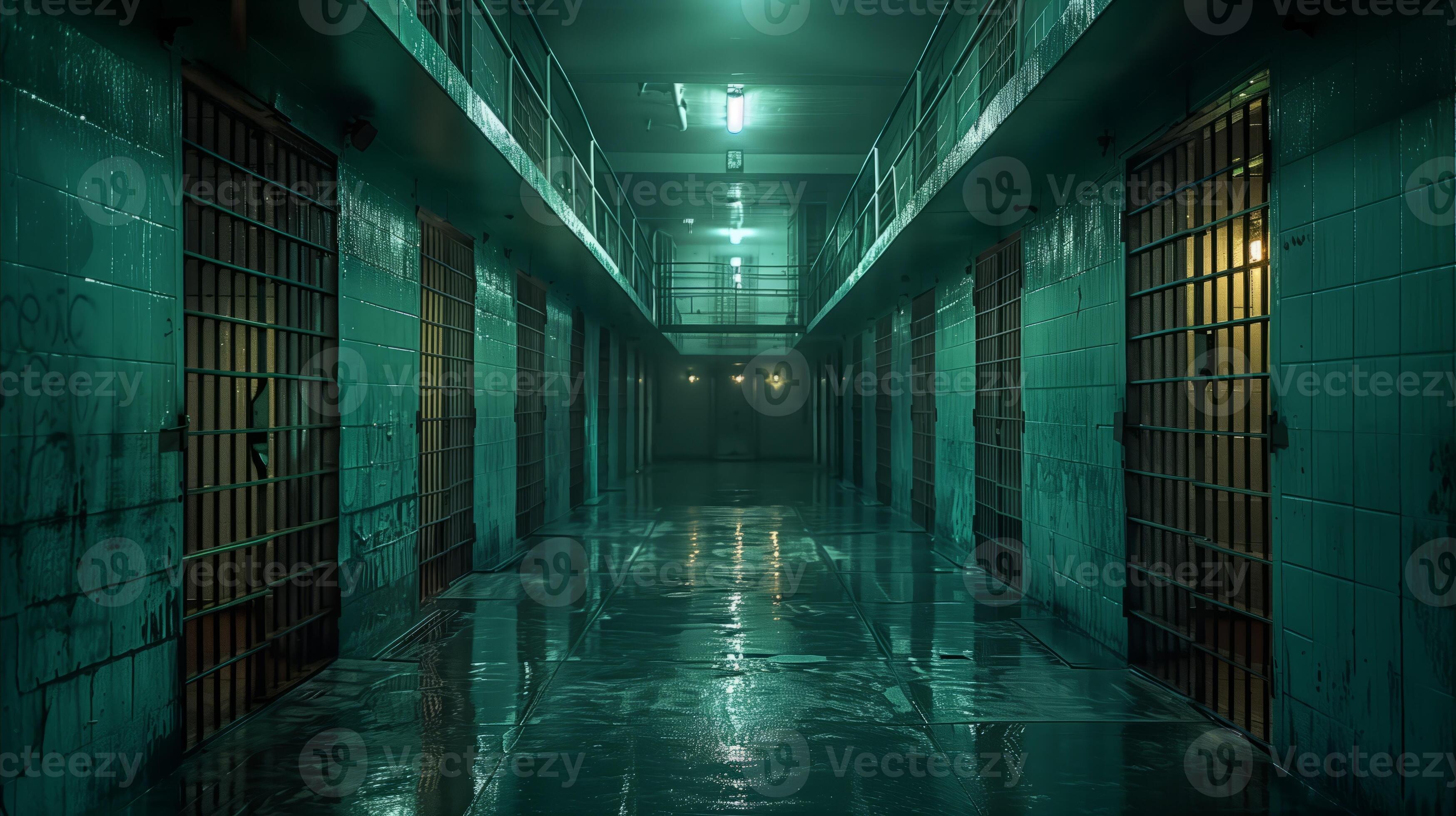 Nighttime Atmosphere in an Abandoned Prison Hallway 43180205 Stock