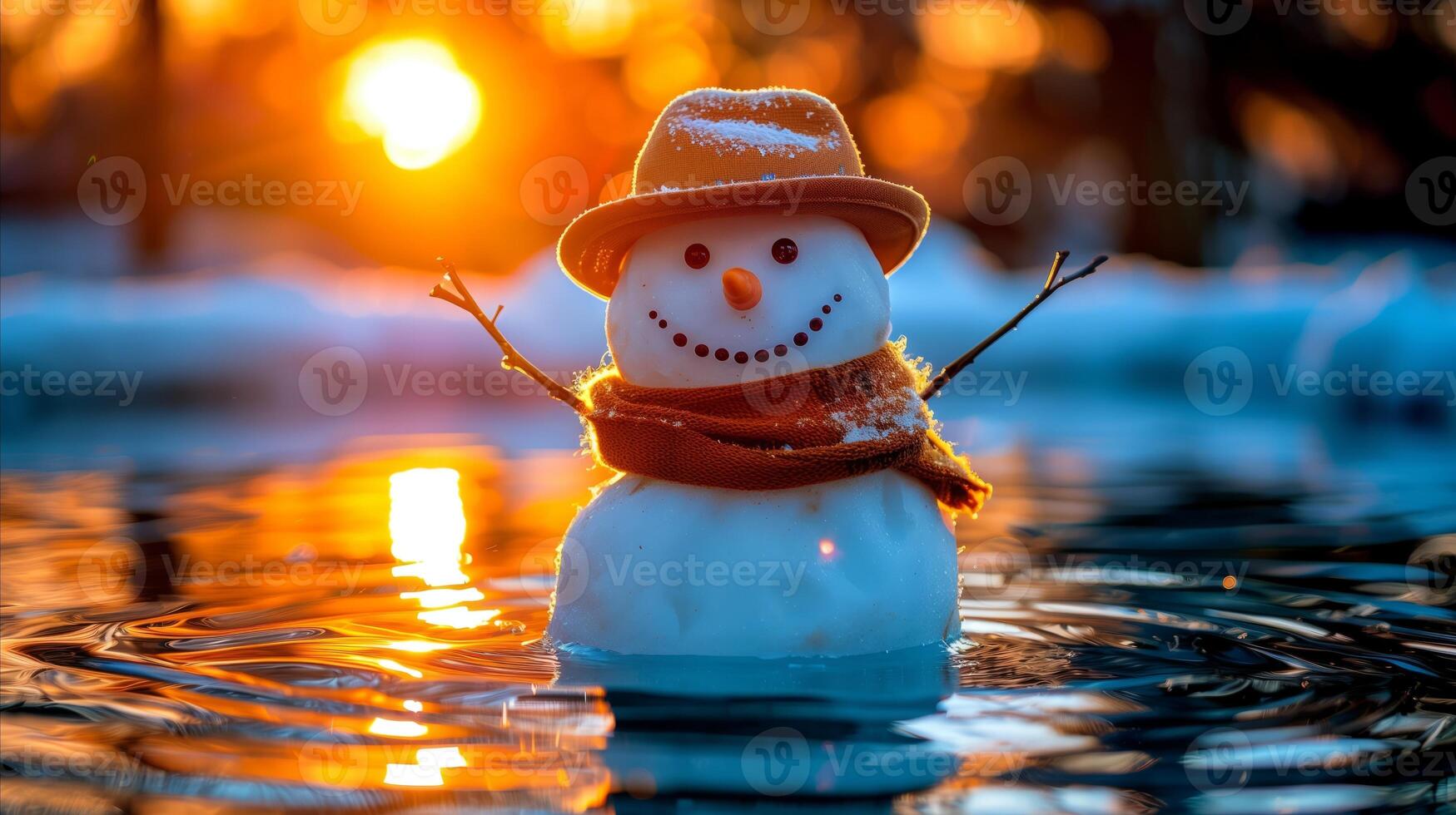 Tranquil image of a snowman standing in water as the sun sets in the distance. photo