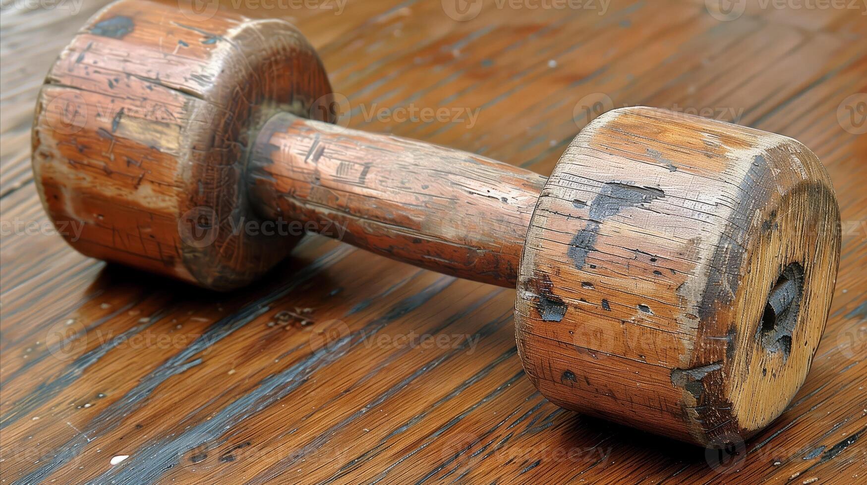 Vintage Wooden Dumbbell on Hardwood Floor photo