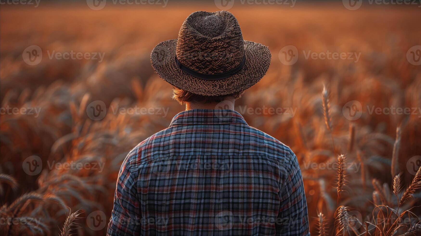 Farmer Observing Wheat Field at Dusk photo