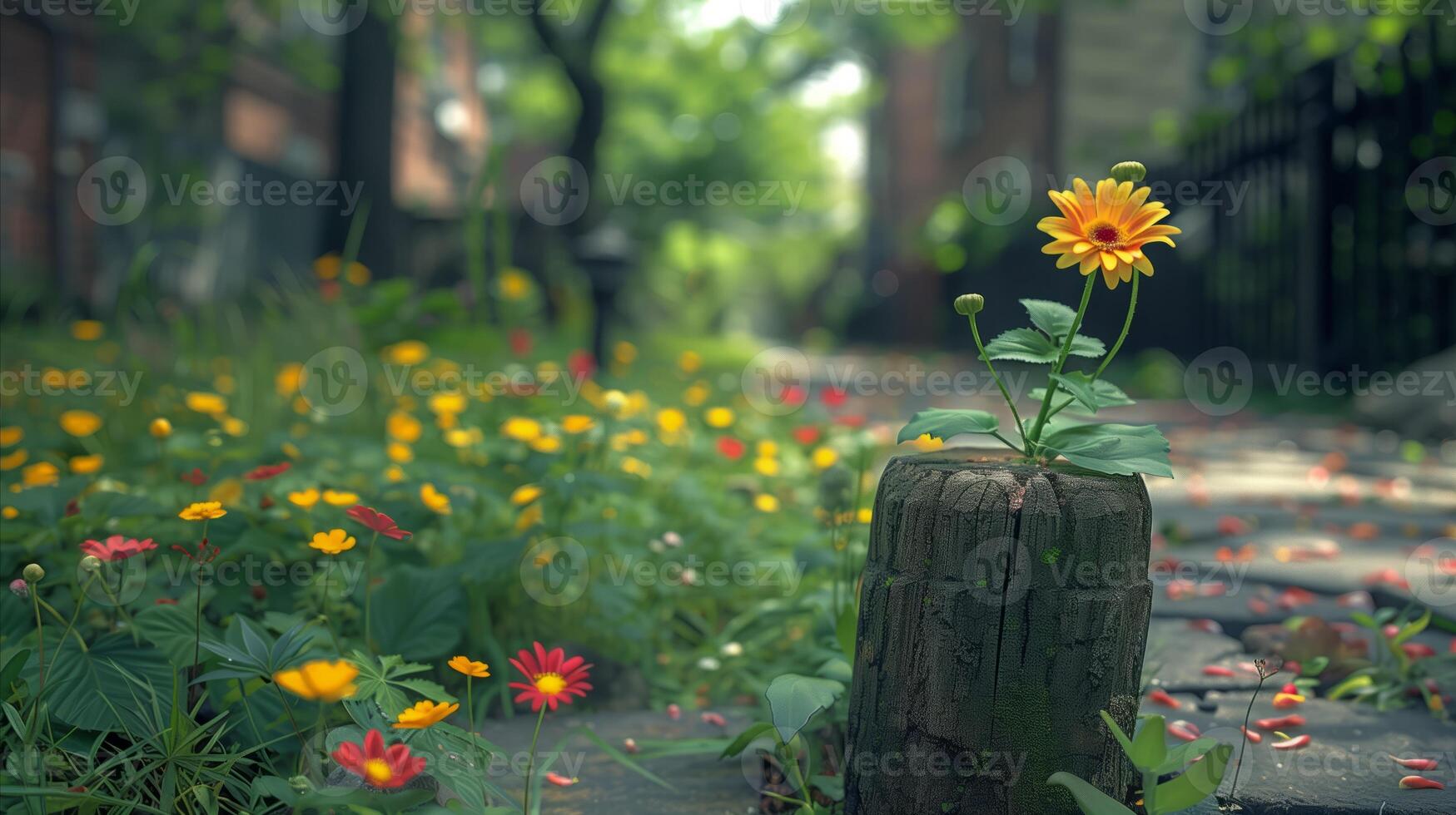 Solitary Daisy Bloom on an Urban Pathway at Dawn photo