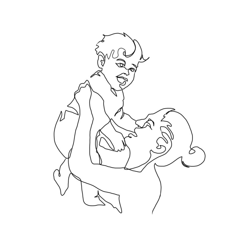 Continuous Line Art of Motherhood, Carry baby, Happy Mother day card, one line drawing, parent and child silhouette hand drawn. illustration vector