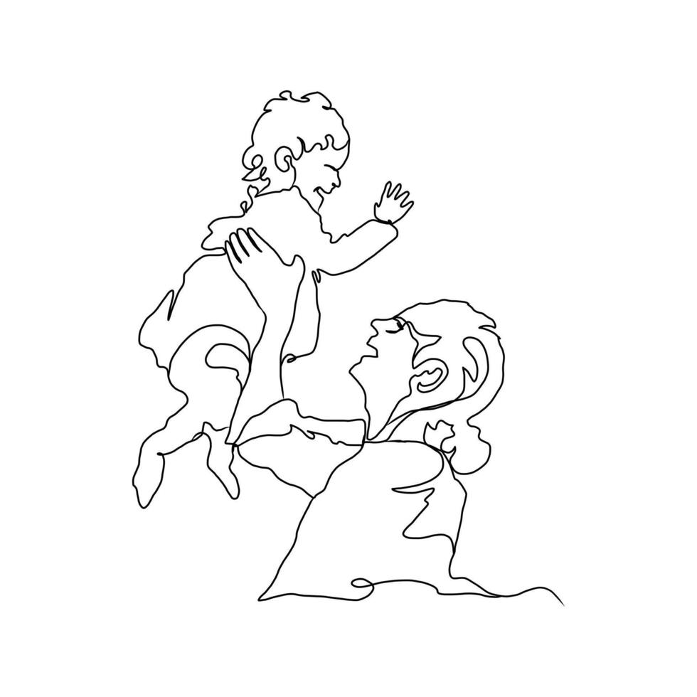 Continuous Line Art of Motherhood, Carry baby, Happy Mother day card, one line drawing, parent and child silhouette hand drawn. illustration vector