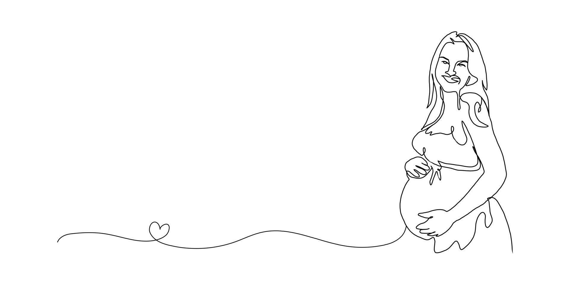 Continuous Line Art of Motherhood, Love pregnant, Happy Mother day card, one line drawing, parent and child silhouette hand drawn. illustration vector
