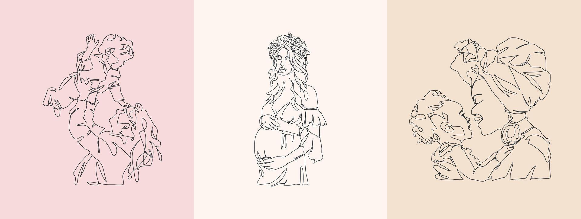Set of Continuous Line Art of Motherhood, Happy Mother day, one line drawing, parent and child silhouette hand drawn. illustration vector