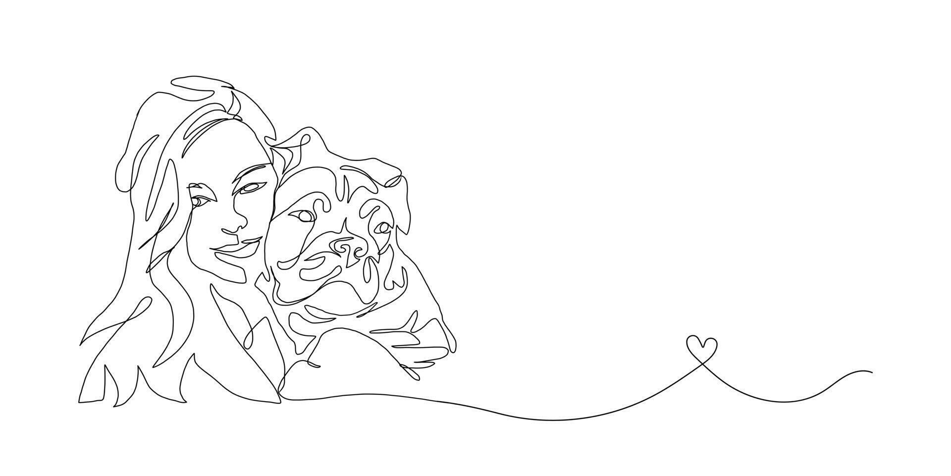 Continuous Line Art of Motherhood, Dog mom, Happy Mother day card, one line drawing, parent and child silhouette hand drawn. illustration vector