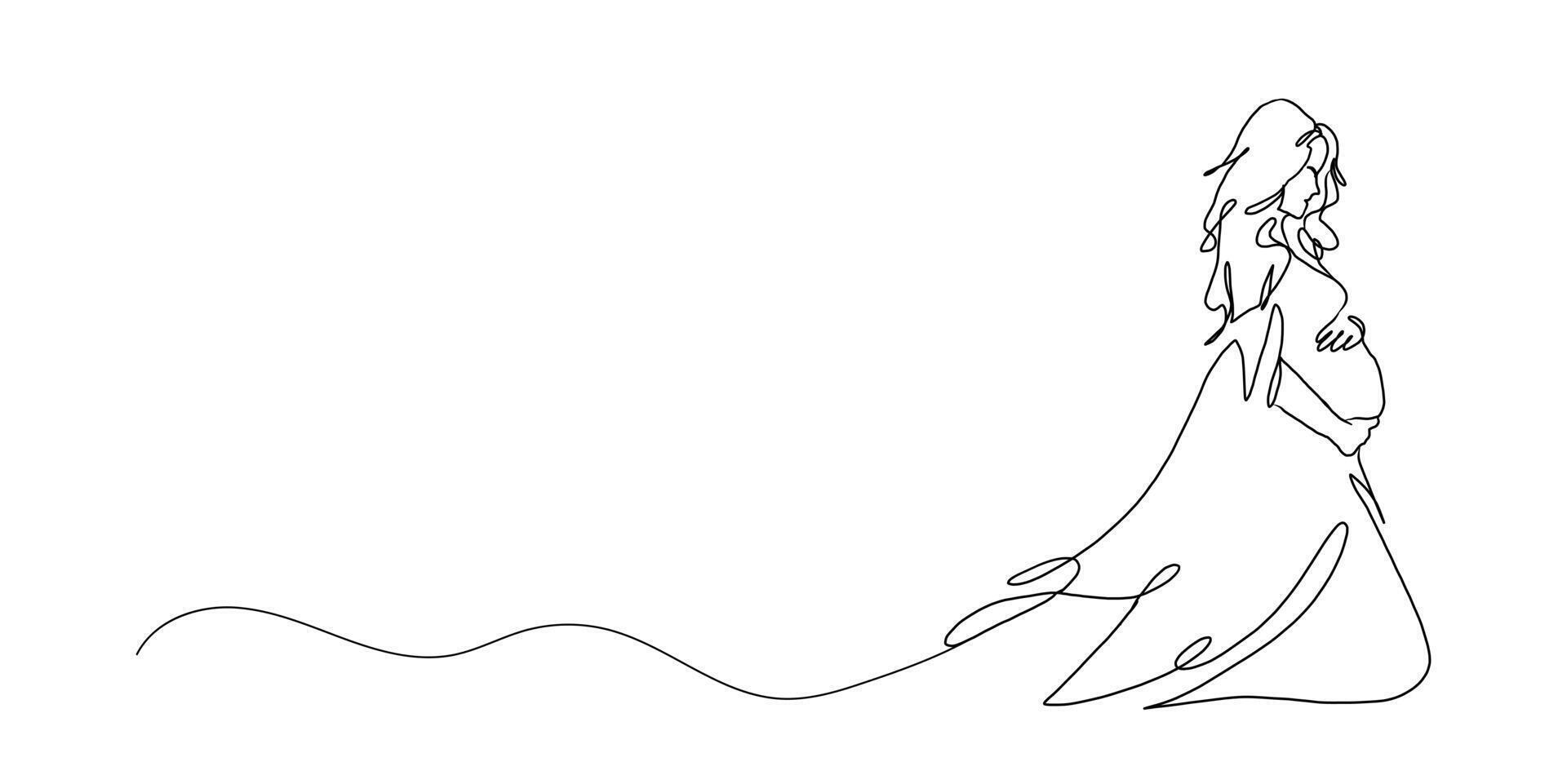 Continuous Line Art of Motherhood, Love pregnant, Happy Mother day card, one line drawing, parent and child silhouette hand drawn. illustration vector