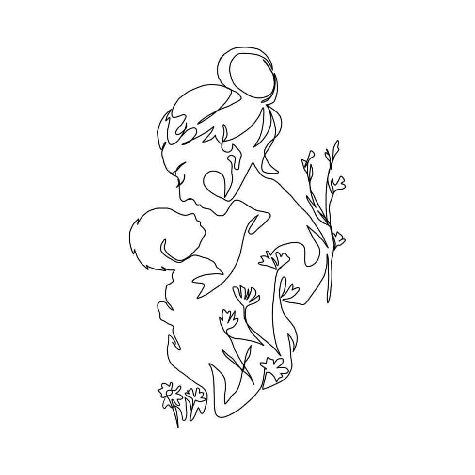 Continuous Line Art of Motherhood, Baby flowers, Happy Mother day card, one line drawing, parent and child silhouette hand drawn. illustration vector