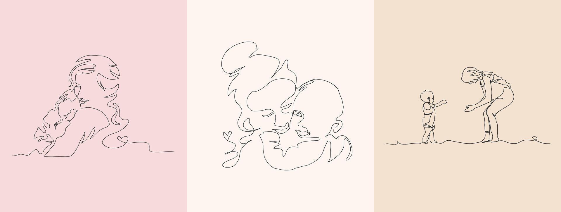 Set of Continuous Line Art of Motherhood, Happy Mother day, one line drawing, parent and child silhouette hand drawn. illustration vector