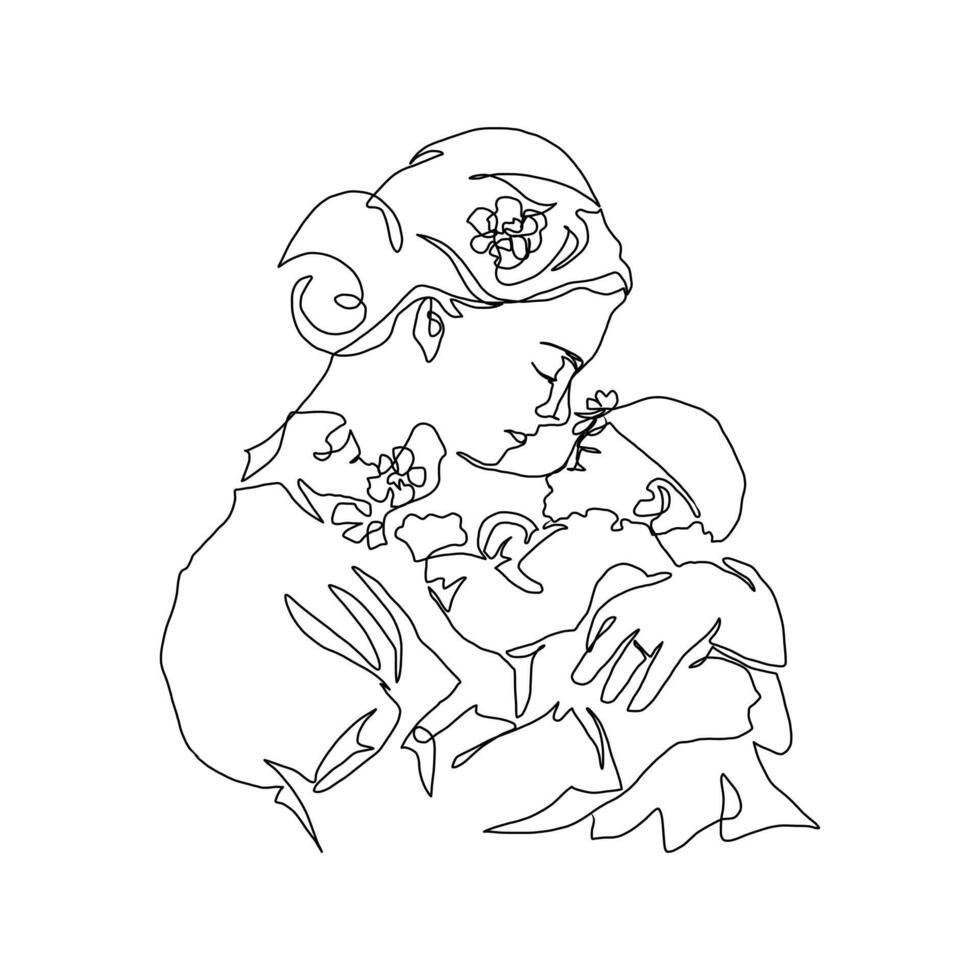 continuo línea Arte de maternidad, bebé flores, contento madre día tarjeta, uno línea dibujo, padre y niño silueta mano dibujado. ilustración vector