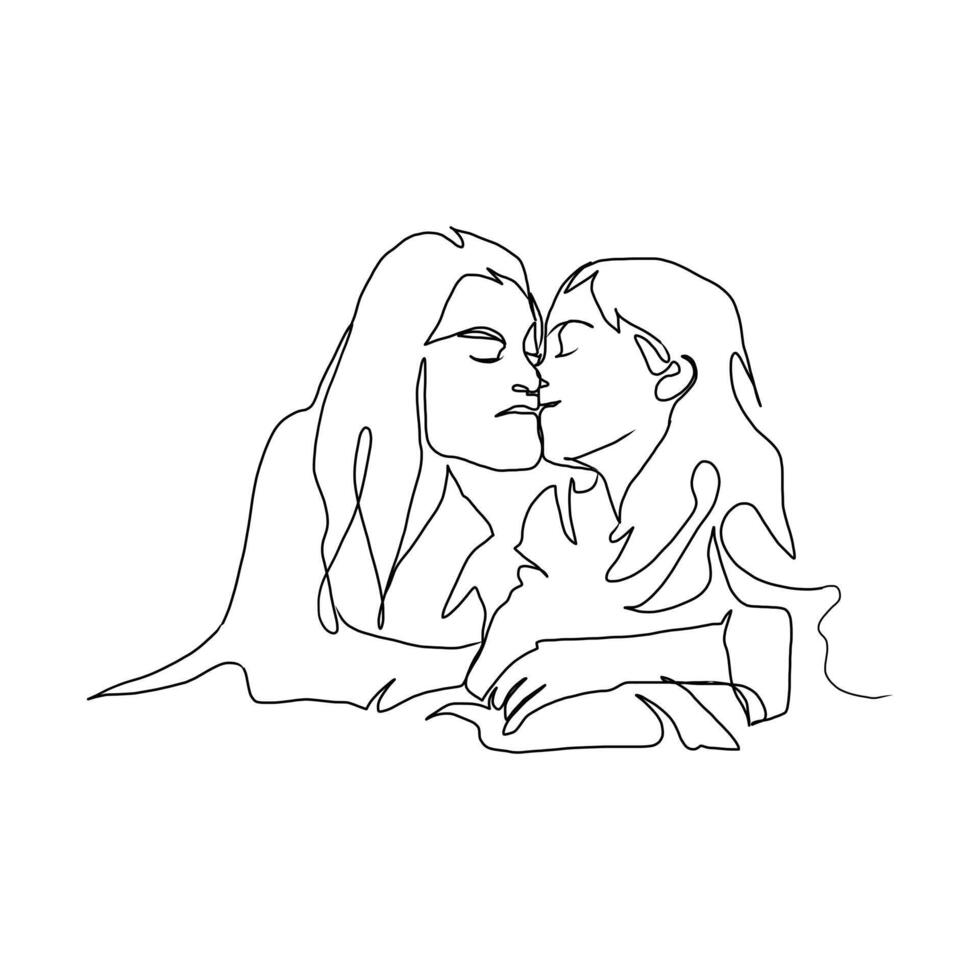 Continuous Line Art of Motherhood, Kiss, Happy Mother day card, one line drawing, parent and child silhouette hand drawn. illustration vector