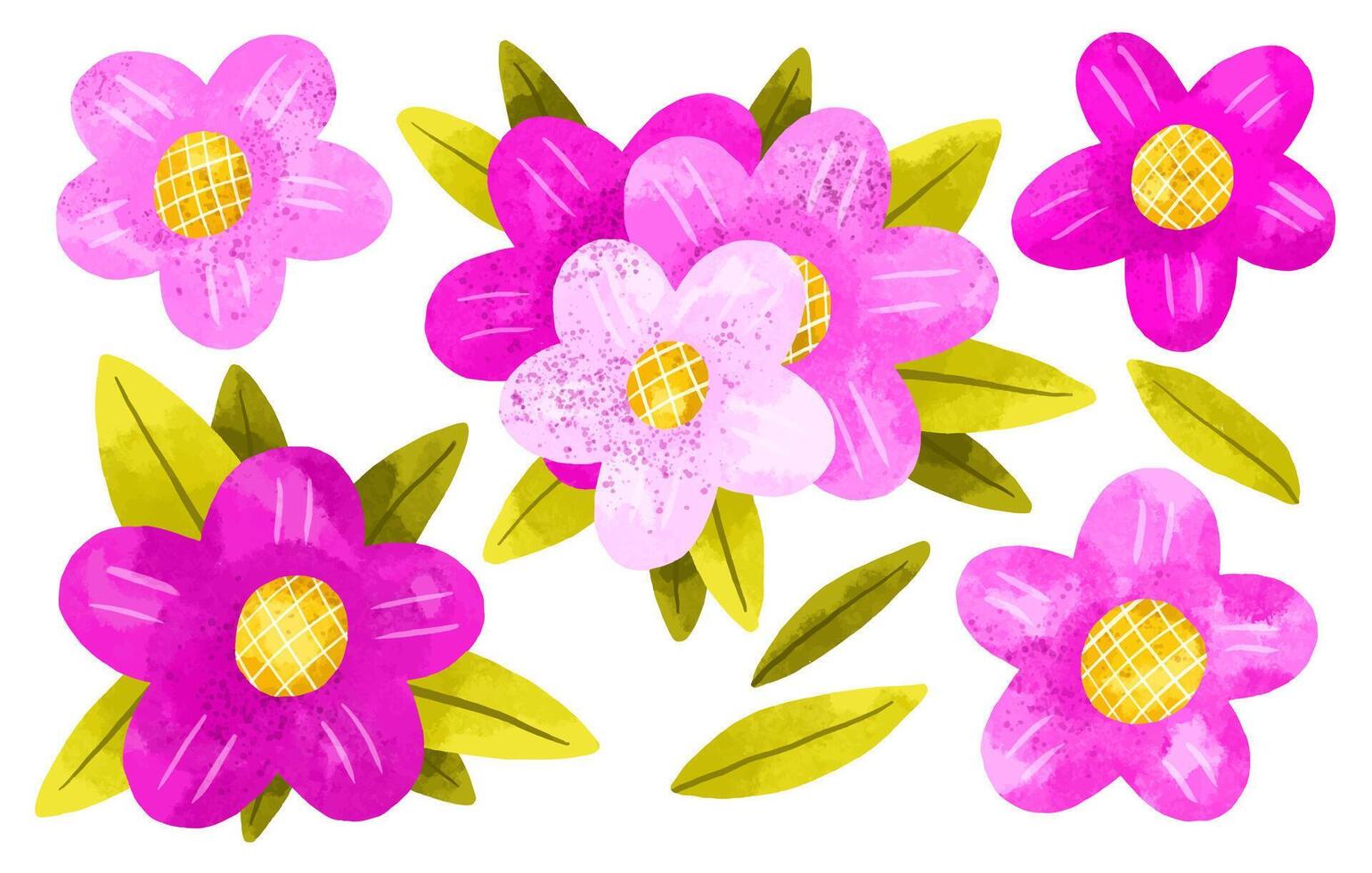 Set of blooming pink flowers and leaves. Hand drawn illustration vector